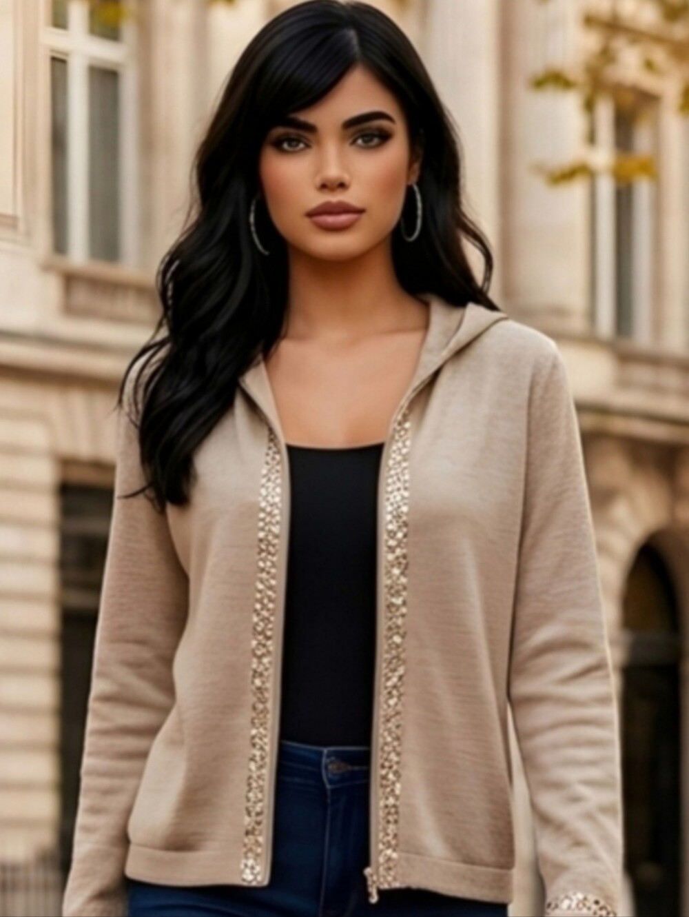 Like New Sarah Spencer Taupe Gold Sequin Zip Hoodie Cardigan M Wool - Picture 11 of 14